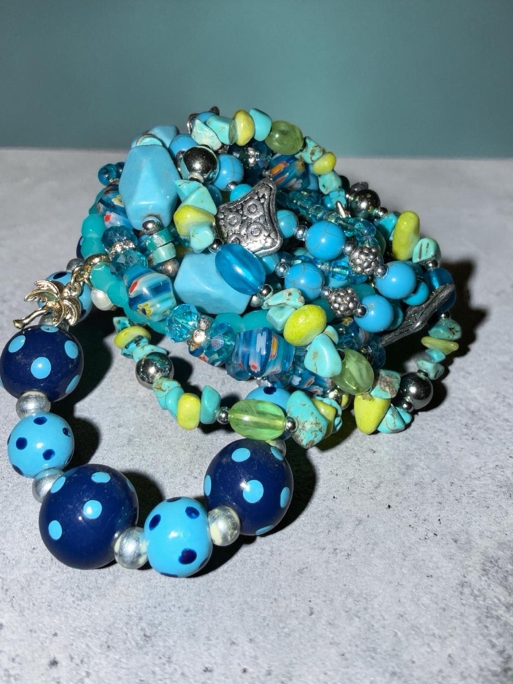 Blue Beaded Stretch Bracelet Set 9 Piece Stack Turquoise Glass & Mixed Beads